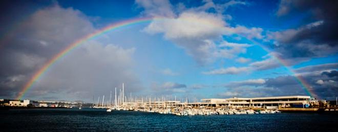 Rainbow over the fleet in Marina Lanzarote, Arrecife - RORC Transatlantic Race © RORC / James Mitchell